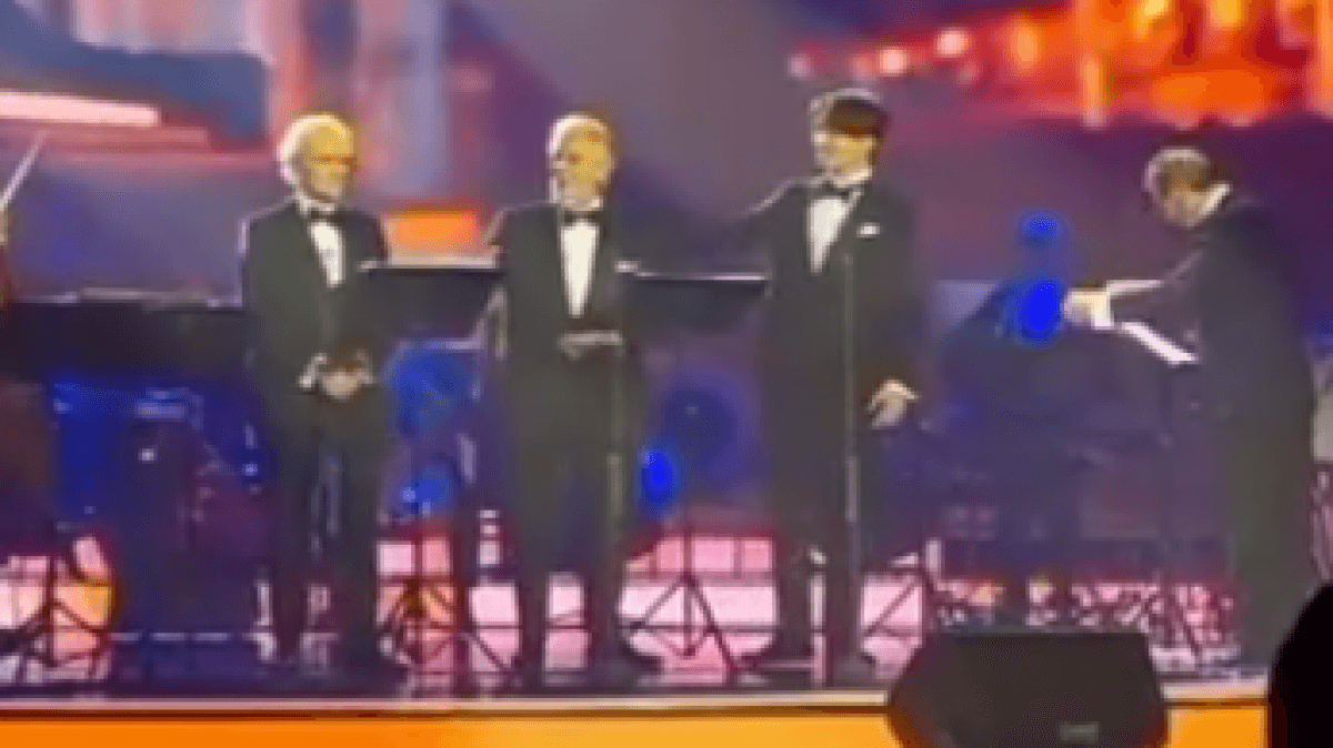 Dimash Kudaibergen joined the legendary trio, performing "My Way" alongside Plácido Domingo and José Carreras.